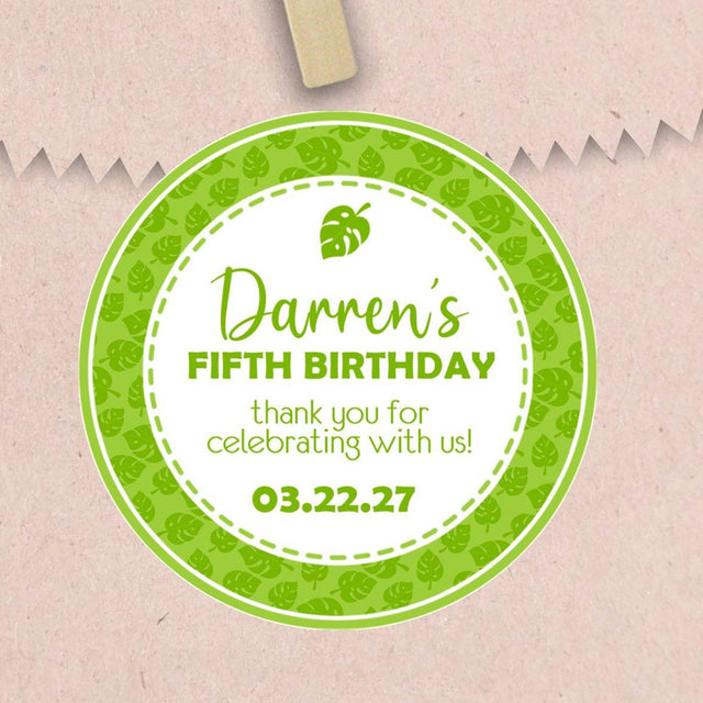 Jungle foliage birthday party sticker with greenery theme