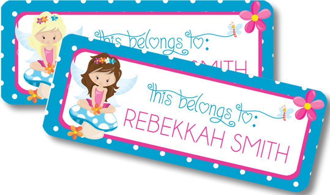 Kids fairy name labels for school supplies with floral accents
