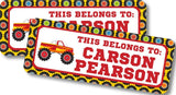 Kids monster truck name label with colorful tire pattern frame