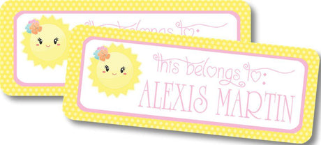 Kids school name label with smiling sun and flower detail