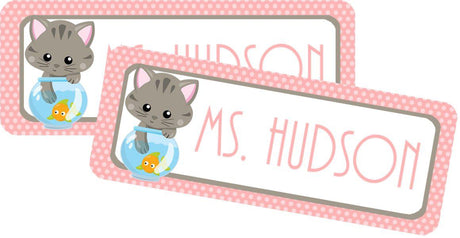 Kitten school supply label featuring blue fish bowl illustration