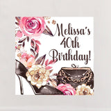 Ladies glam birthday sticker with pink florals