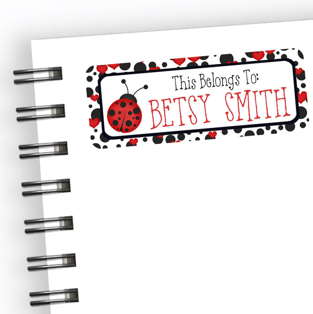 Ladybug back to school name labels with red and black artwork