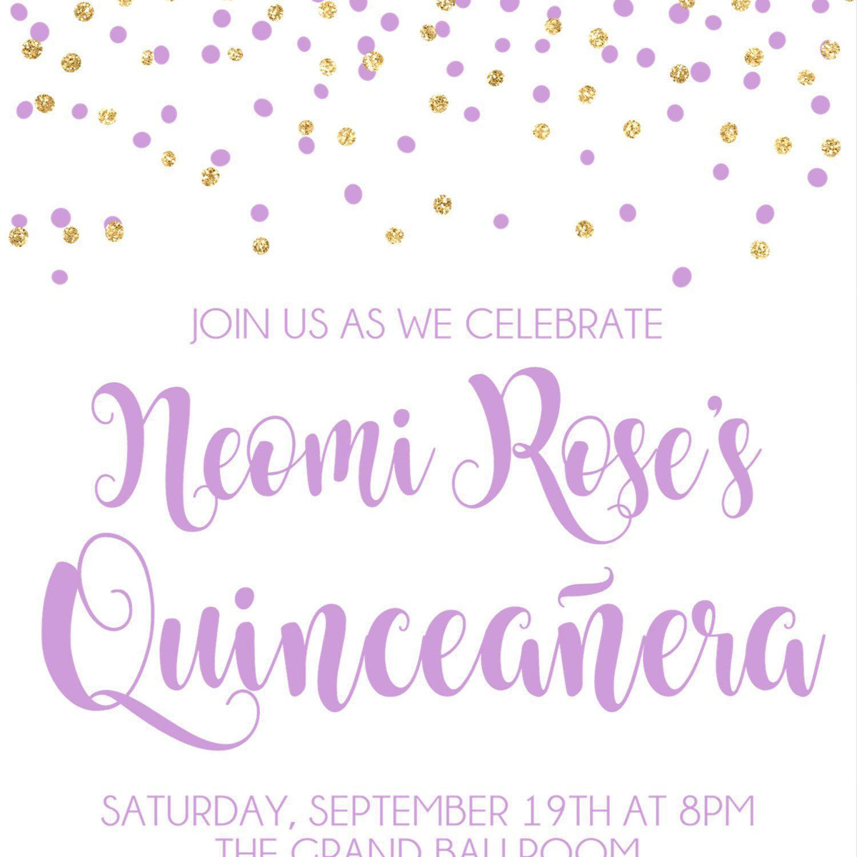 Lavender And Gold Confetti Quinceanera Invitations — Party Beautifully