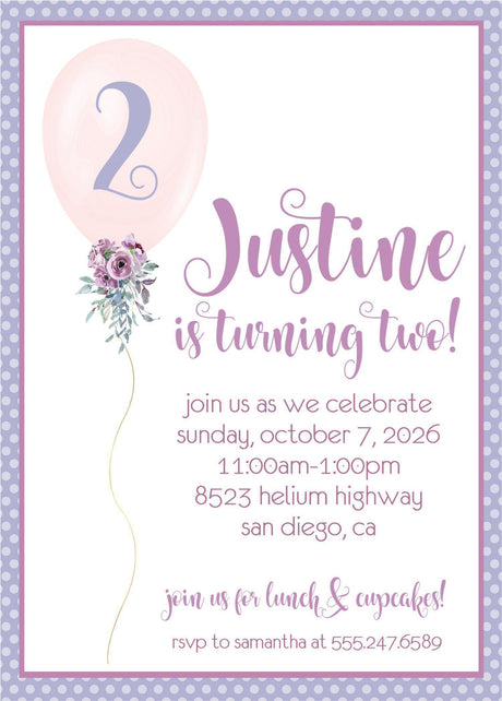 Lavender And Pink Balloon Birthday Party Invitations