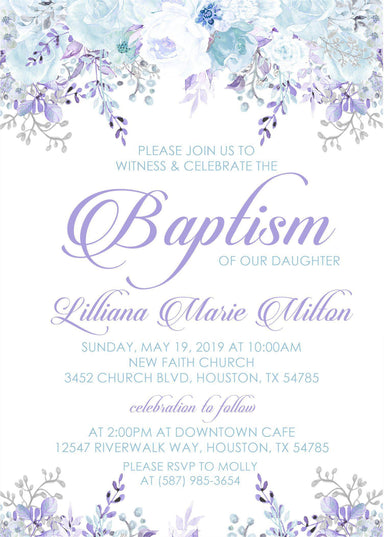 Lavender Floral Baptism Invitations