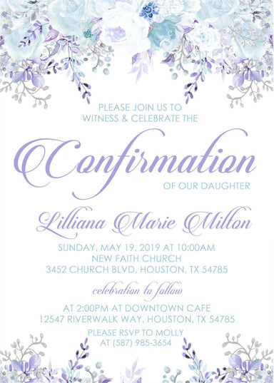 Lavender Floral Confirmation Invitations