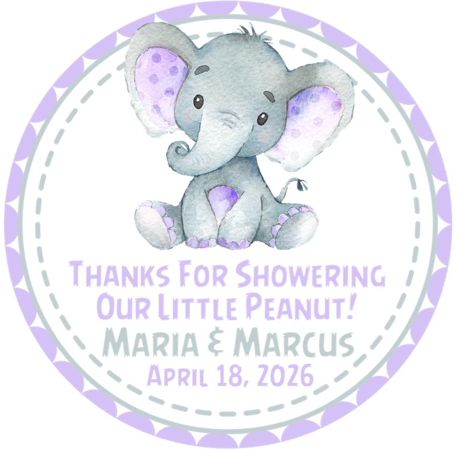 Lavender Safari Elephant Baby Shower Stickers Or Favor Tags