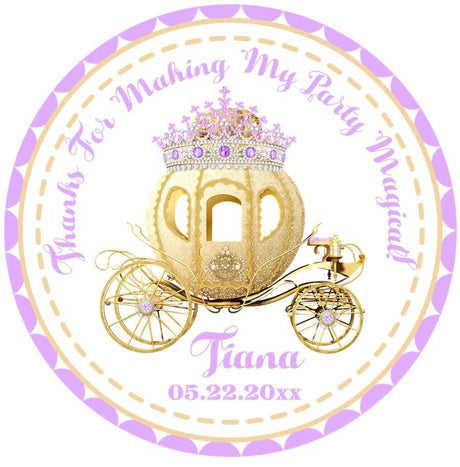 Lavender and gold princess carriage birthday sticker with custom name