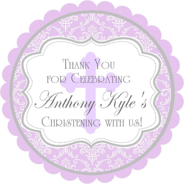 Lavender damask christening sticker with decorative frame