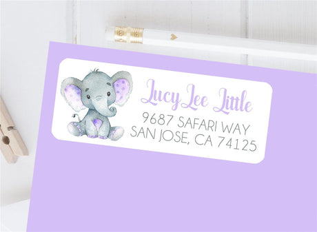 Lavender elephant address labels with watercolor baby elephant