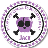 Lavender pirate birthday sticker with skull-and-crossbones