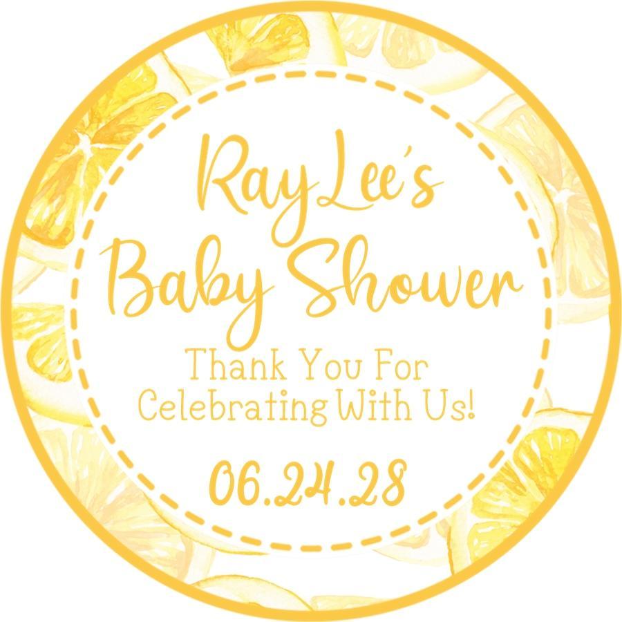 Lemon-themed baby shower sticker with bright yellow citrus border