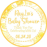 Lemon-themed baby shower sticker with bright yellow citrus border