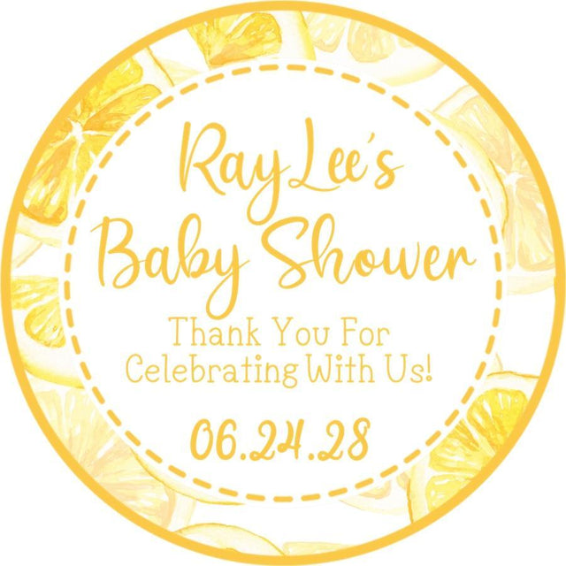 Lemon-themed baby shower sticker with bright yellow citrus border