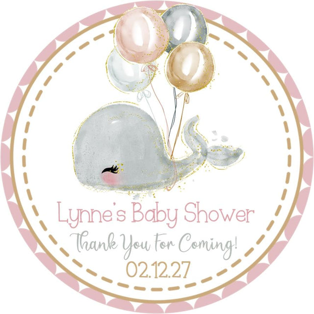 Light gray whale baby shower sticker with balloons