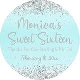 Light turquoise Sweet 16 birthday sticker with printed confetti
