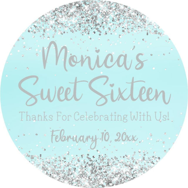 Light turquoise Sweet 16 birthday sticker with printed confetti