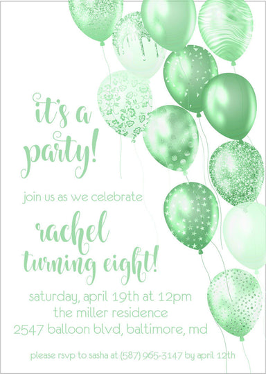 Lime Green Balloon Birthday Party Invitations