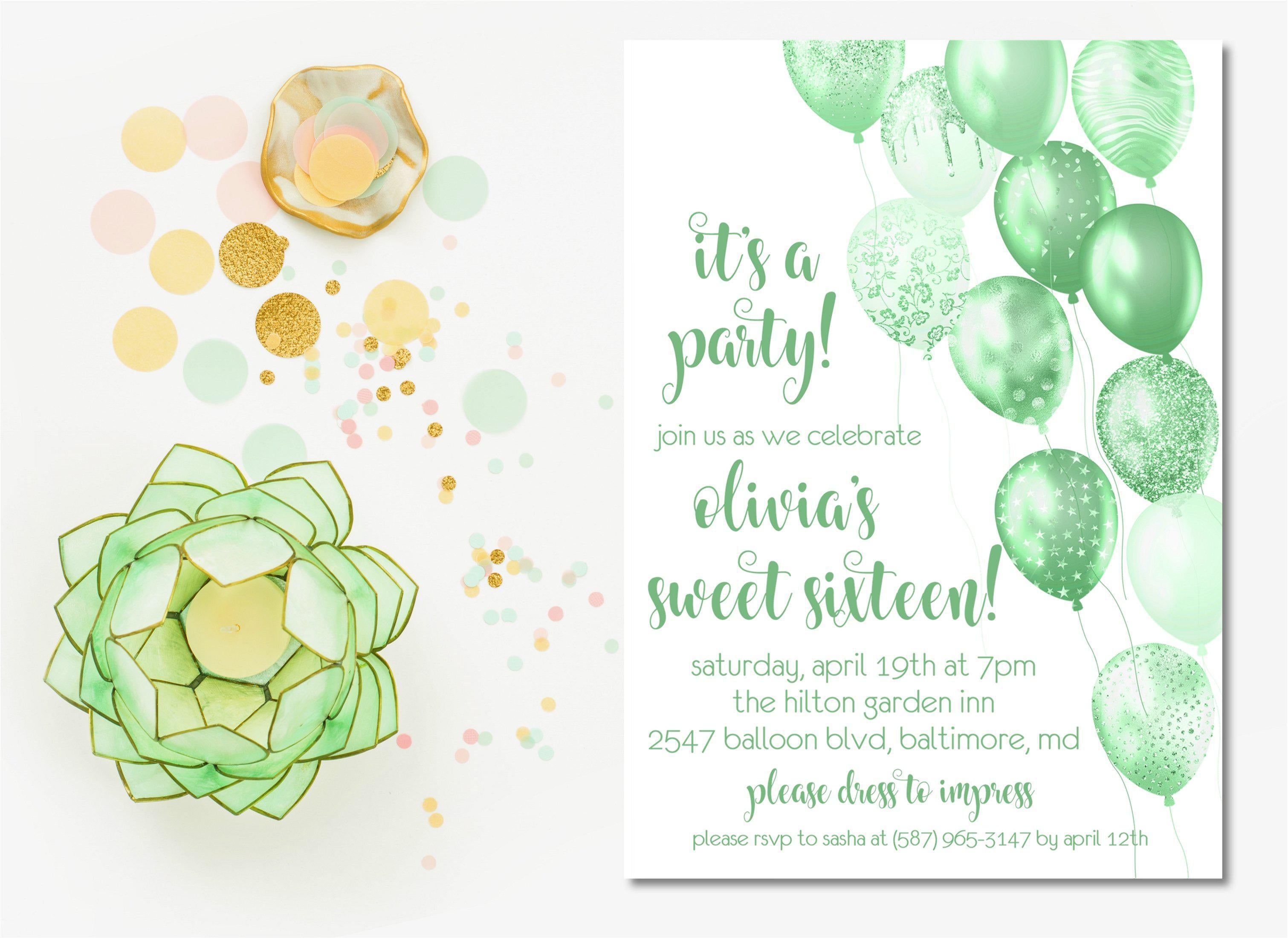 Lime Green Balloon Sweet 16 Party Invitations