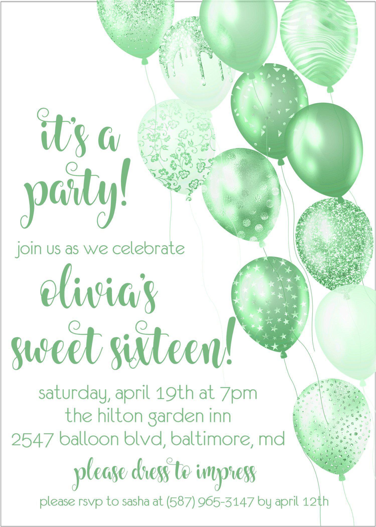 Lime Green Balloon Sweet 16 Party Invitations