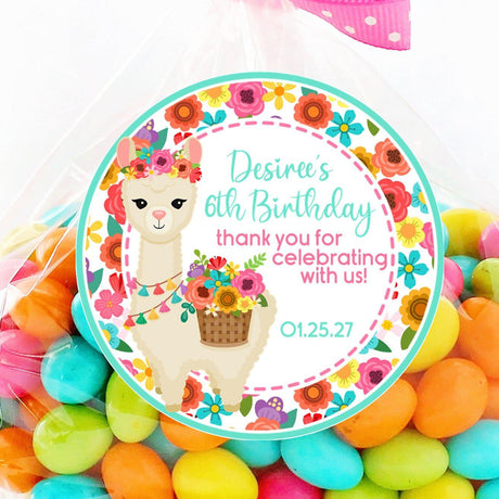 Llama birthday sticker with flower accents and tassels