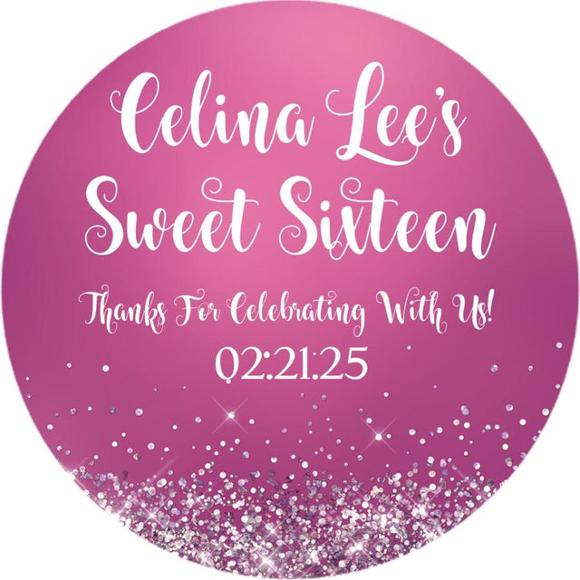 Magenta Sweet 16 birthday sticker with faux sparkle confetti
