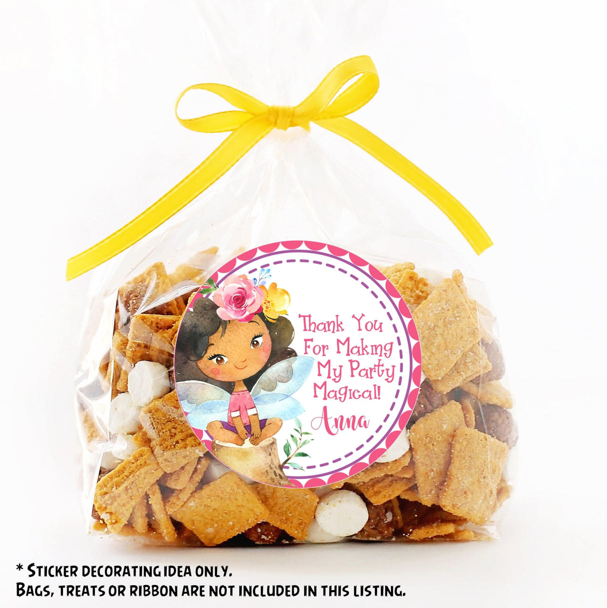 Magical fairy illustration on round pink birthday sticker