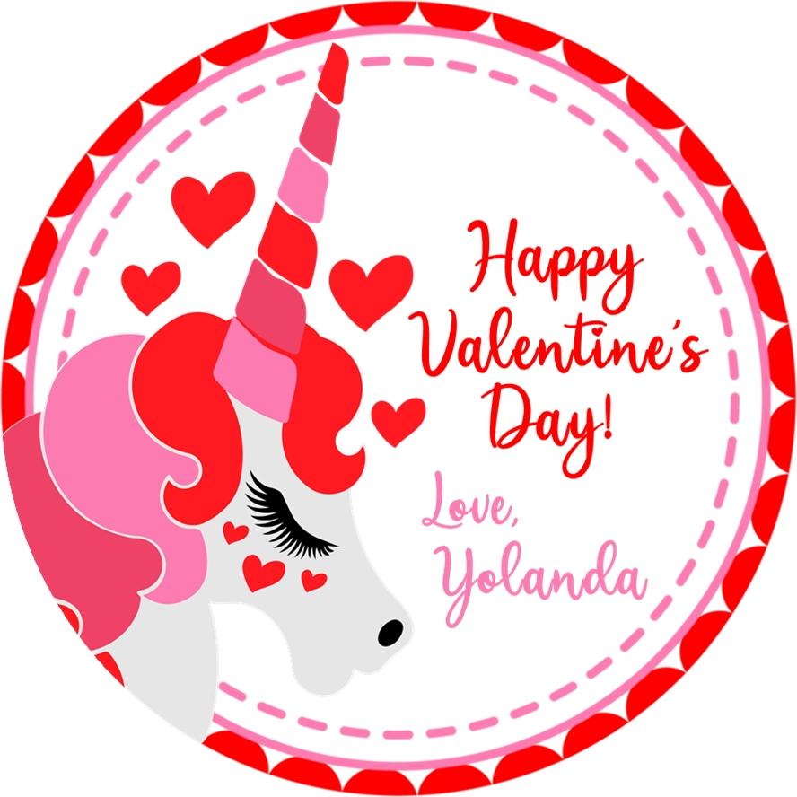 Magical unicorn classroom Valentine sticker with pink heart design
