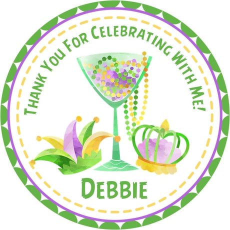 Mardi Gras martini glass and jester hat birthday sticker