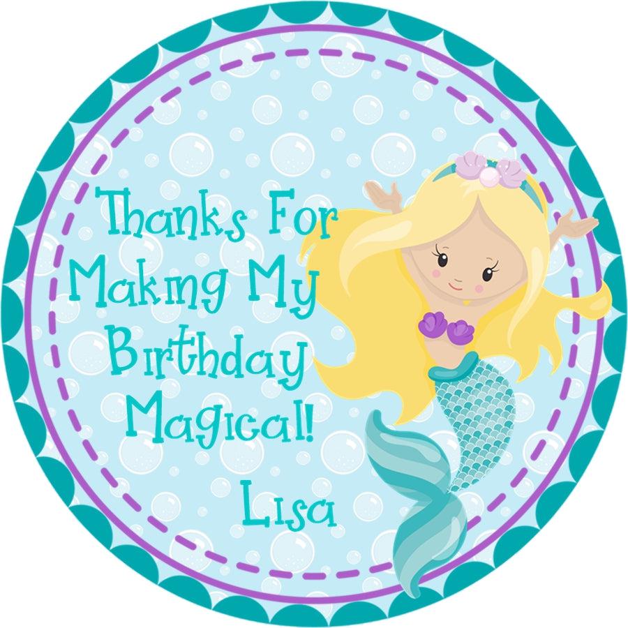 Mermaid party favor label with bubbly underwater background