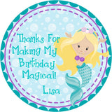 Mermaid party favor label with bubbly underwater background