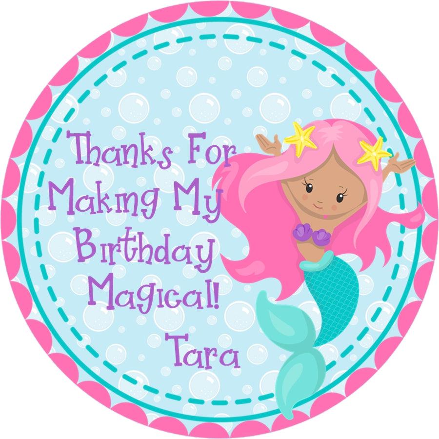 Mermaid party favor label with purple shells and bubbly background