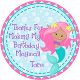 Mermaid party favor label with purple shells and bubbly background