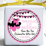 Minnie themed party favor label with pink accents