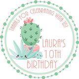 Mint and pink cactus birthday sticker with pastel succulents
