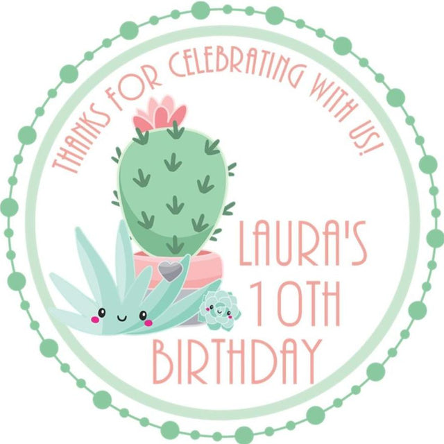 Mint and pink cactus birthday sticker with pastel succulents