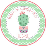 Mint polka dot cactus birthday sticker with cute cactus character