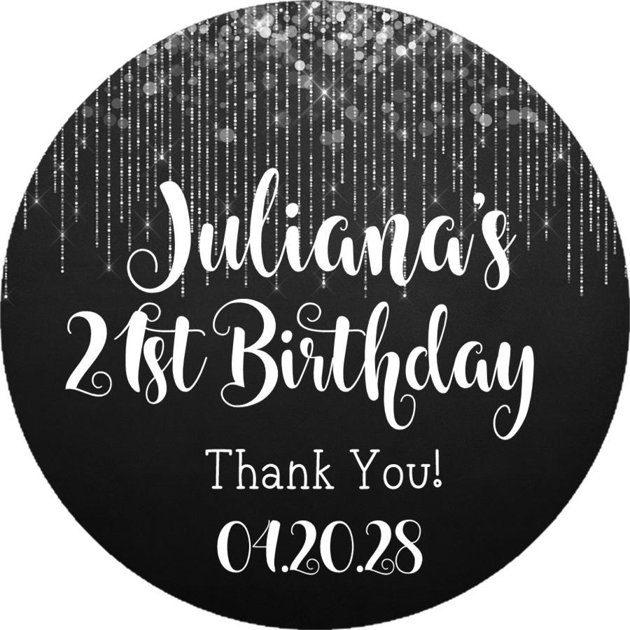 Modern black party favor label with silver drip details
