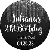 Modern black party favor label with silver drip details