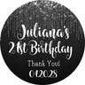 Modern black party favor label with silver drip details