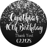 Modern black party favor label with subtle silver accents