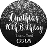 Modern black party favor label with subtle silver accents