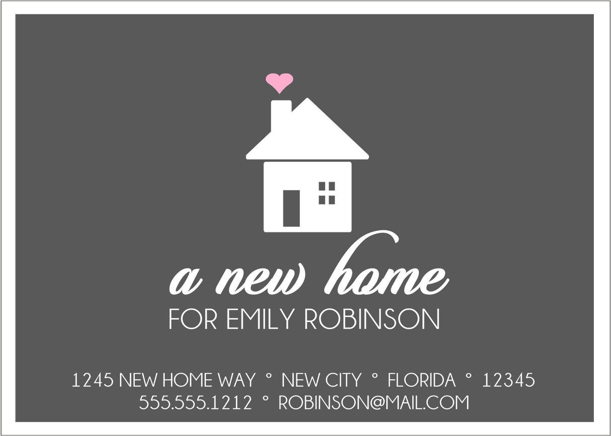 Modern gray and pink moving announcement card with house illustration