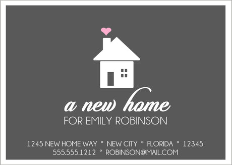 Modern gray and pink moving announcement card with house illustration