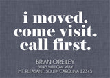 Modern moving announcement card with bold white typography