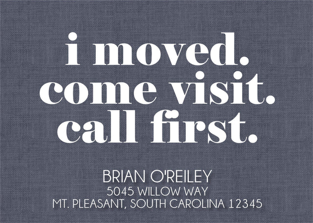 Modern moving announcement card with bold white typography