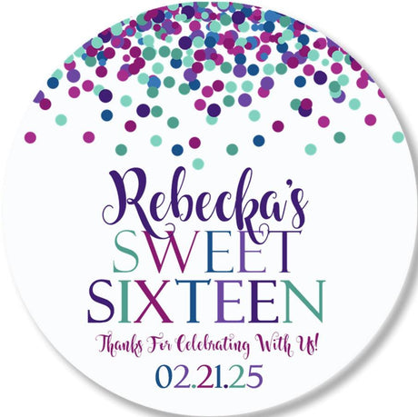 Multicolor confetti Sweet Sixteen favor label