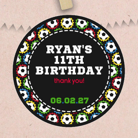 Multicolor soccer birthday stickers with personalized name