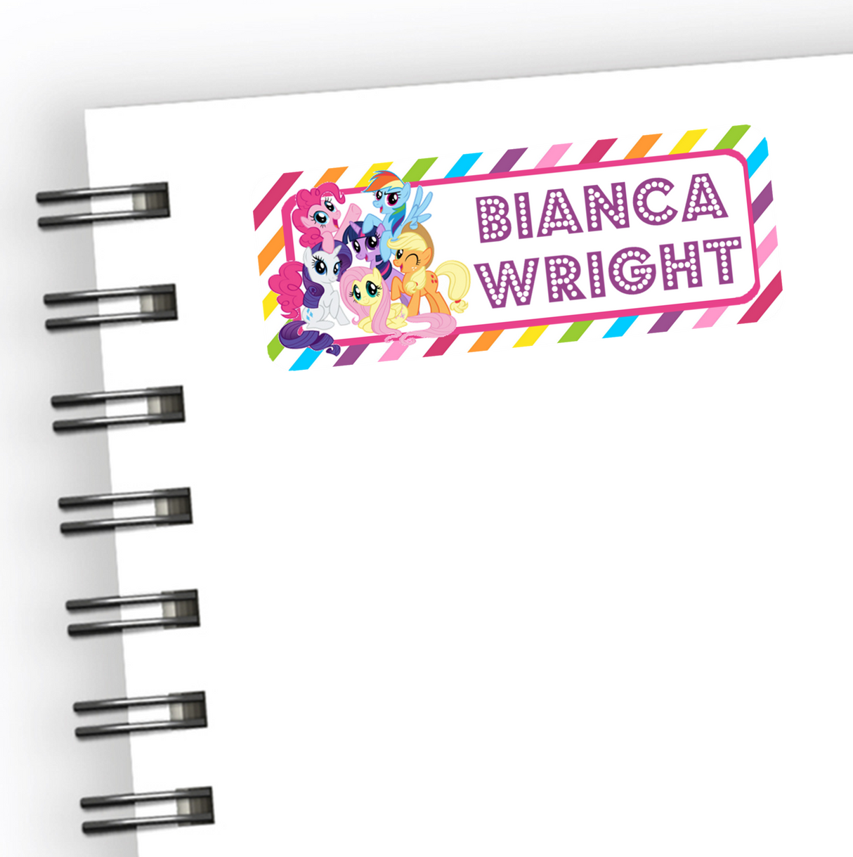 My Little Pony back to school name labels with colorful pony characters and striped border